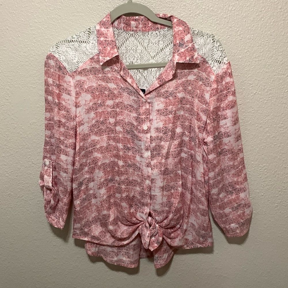 I.N. Studio Petite Women’s Laced Button Down Long  Sleeve Blouse Size MP Pink
